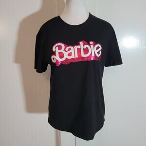 Barbie Size M Black Tee Barbie Logo in Bright Print Screen Print Junior's Sizing